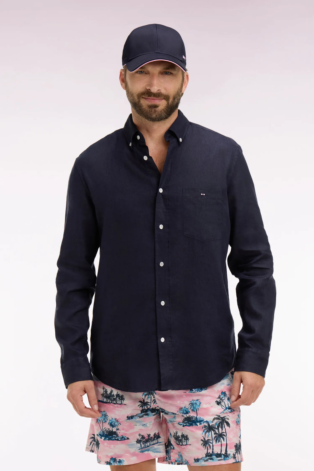 Eden Park 0 Men Straight-Cut Shirt in Navy Linen SKU: E26CHECL0001_BLF Image 01