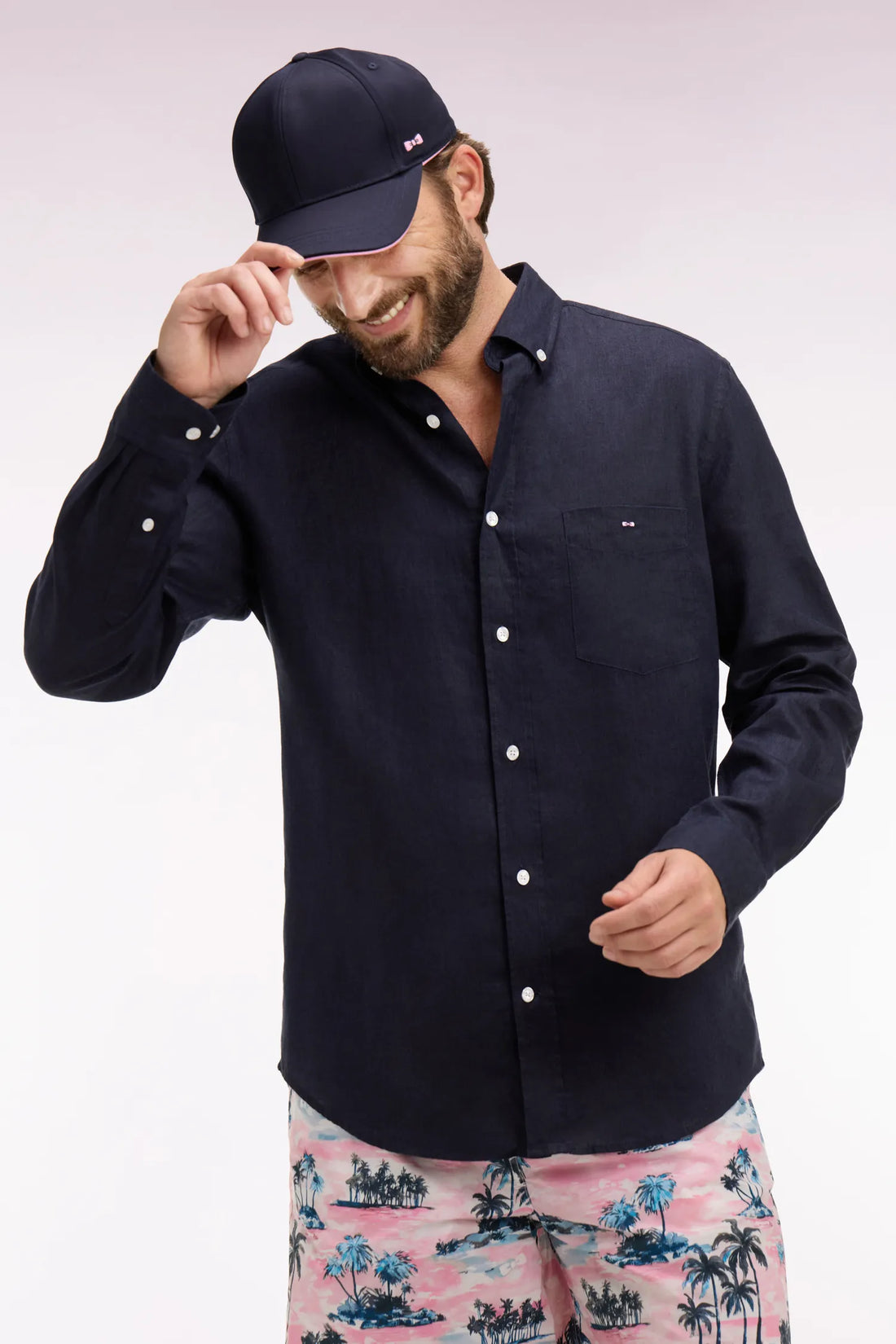 Eden Park 0 Men Straight-Cut Shirt in Navy Linen SKU: E26CHECL0001_BLF Image 02