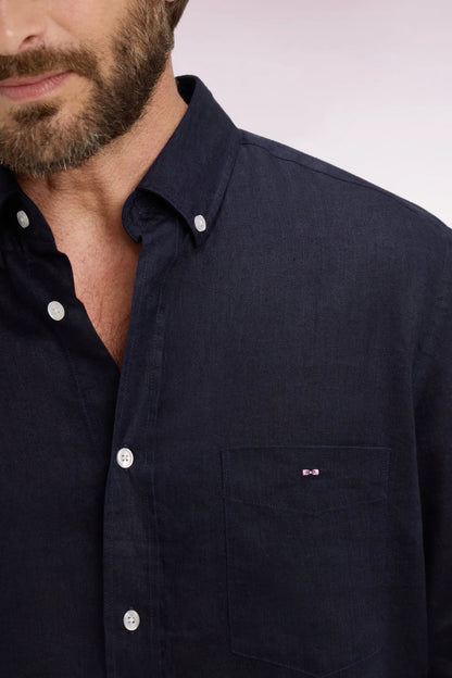 Eden Park 0 Men Straight-Cut Shirt in Navy Linen SKU: E26CHECL0001_BLF Image 03