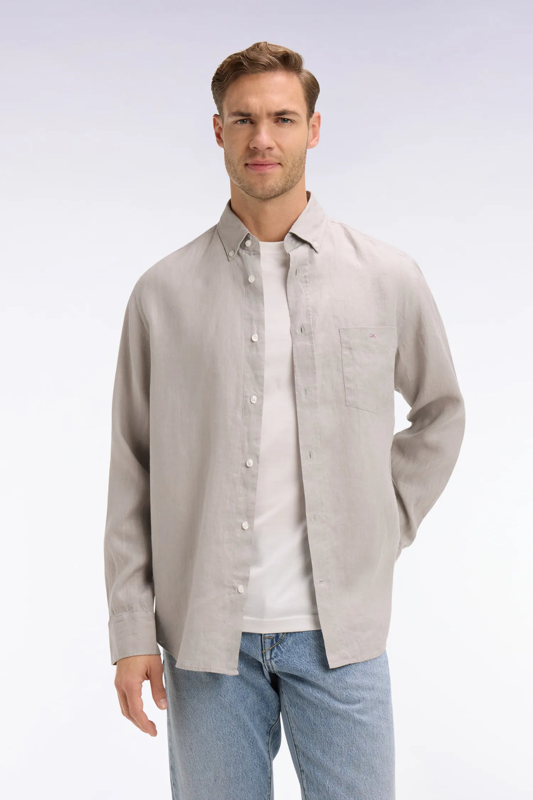 Eden Park Grey Men Straight-Cut Shirt in Grey Linen SKU: E26CHECL0001_GRM5 Image 01