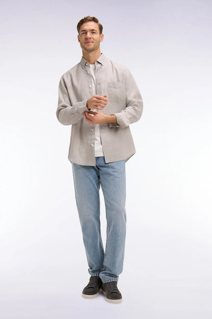 Eden Park Grey Men Straight-Cut Shirt in Grey Linen SKU: E26CHECL0001_GRM5 Image 03
