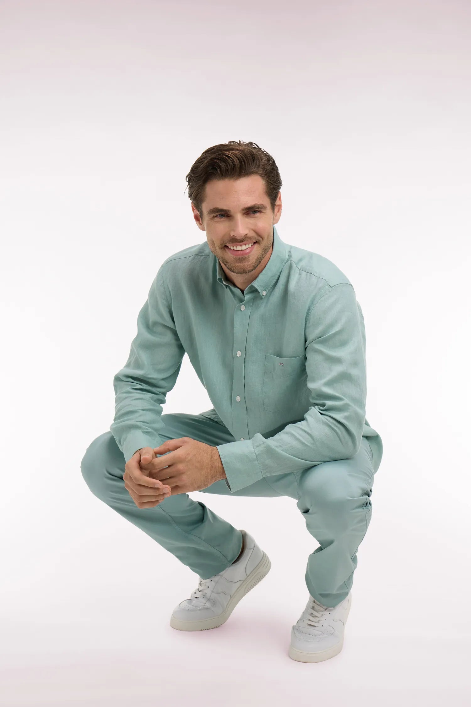 Eden Park Green Men Straight-Cut Shirt in Aqua Green Linen SKU: E26CHECL0001_VEM39 Image 03