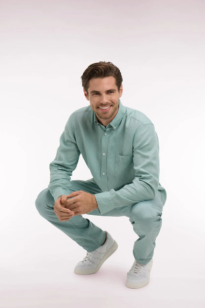Eden Park Green Men Straight-Cut Shirt in Aqua Green Linen SKU: E26CHECL0001_VEM39 Image 03