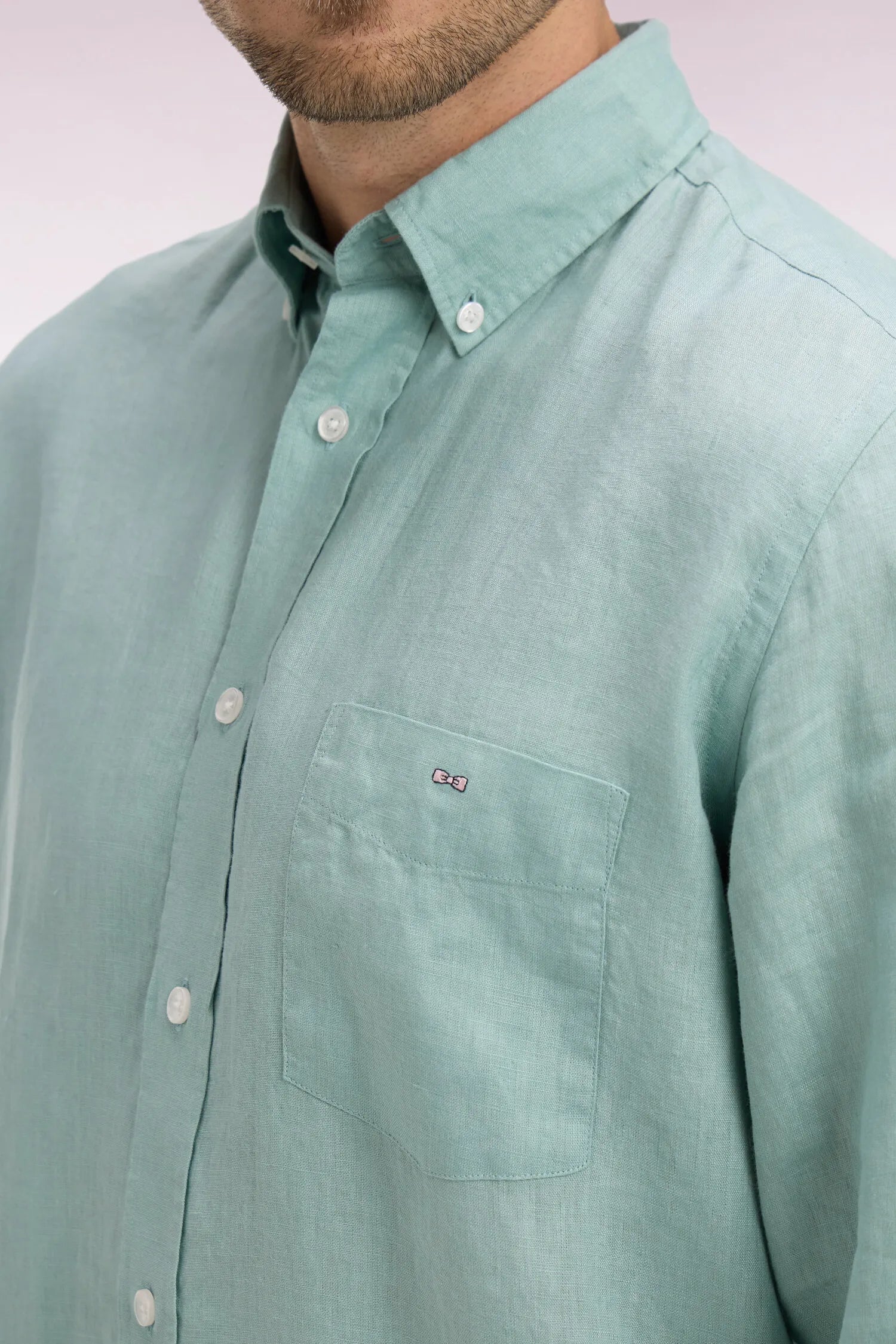 Eden Park Green Men Straight-Cut Shirt in Aqua Green Linen SKU: E26CHECL0001_VEM39 Image 04