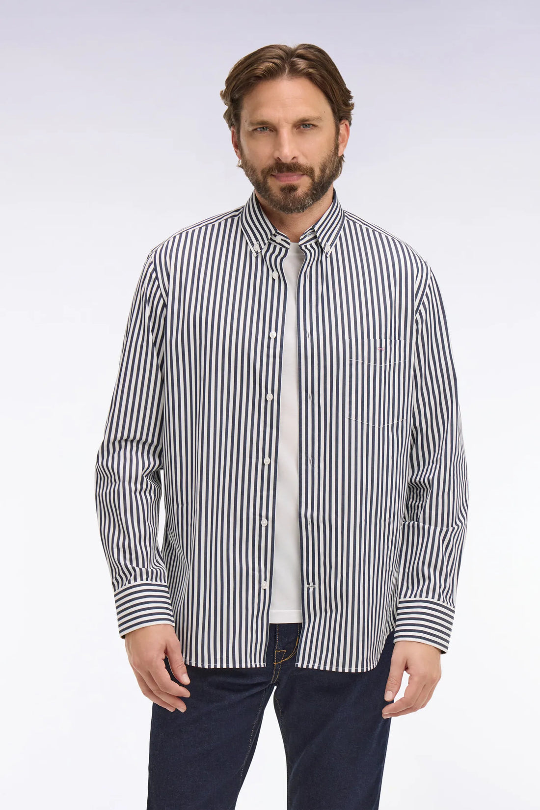 Eden Park Navy Blue Men Navy Blue Cotton Shirt with Stick Stripes SKU: E26CHECL0004_BLF Image 01