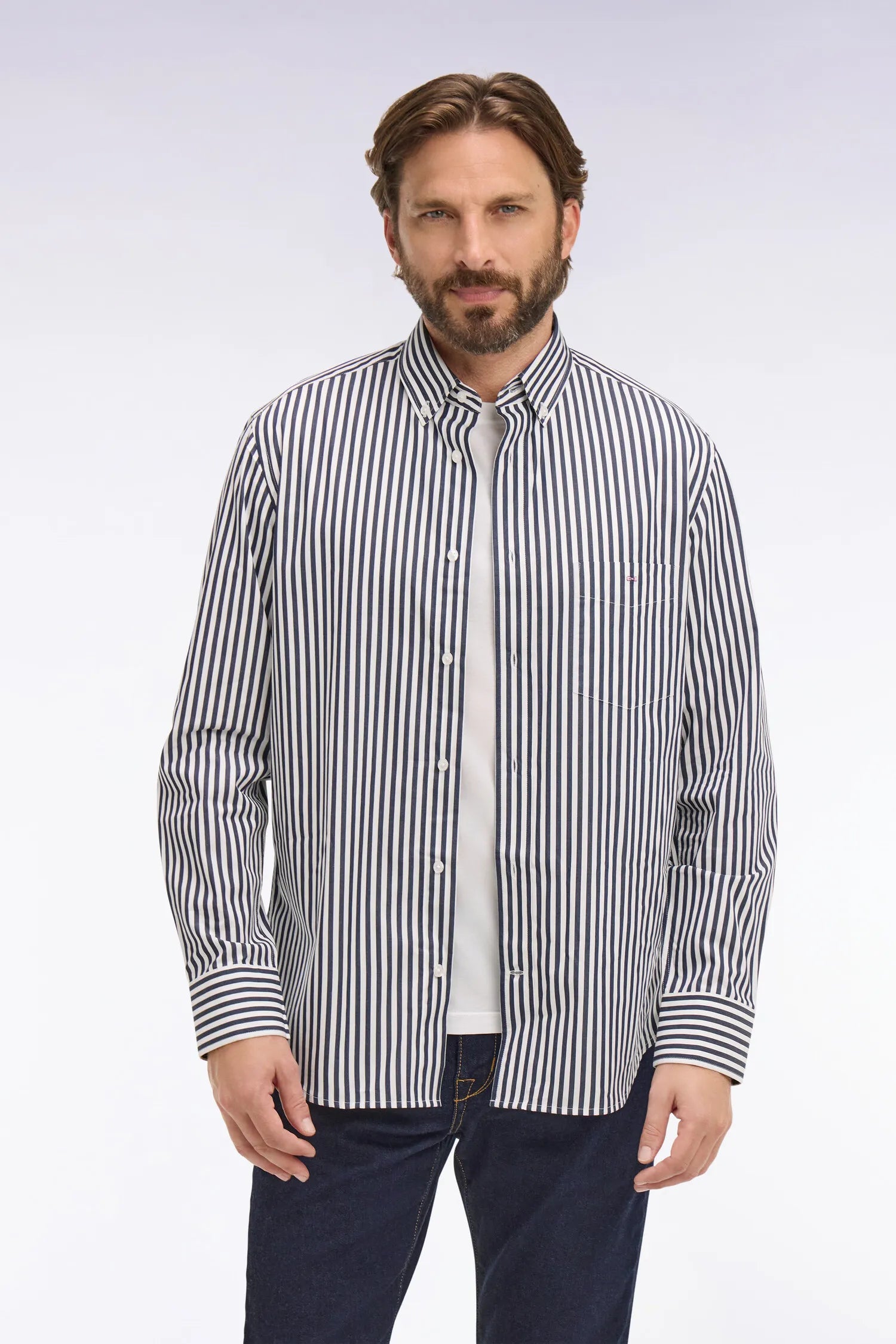 Eden Park Navy Blue Men Navy Blue Cotton Shirt with Stick Stripes SKU: E26CHECL0004_BLF Image 01