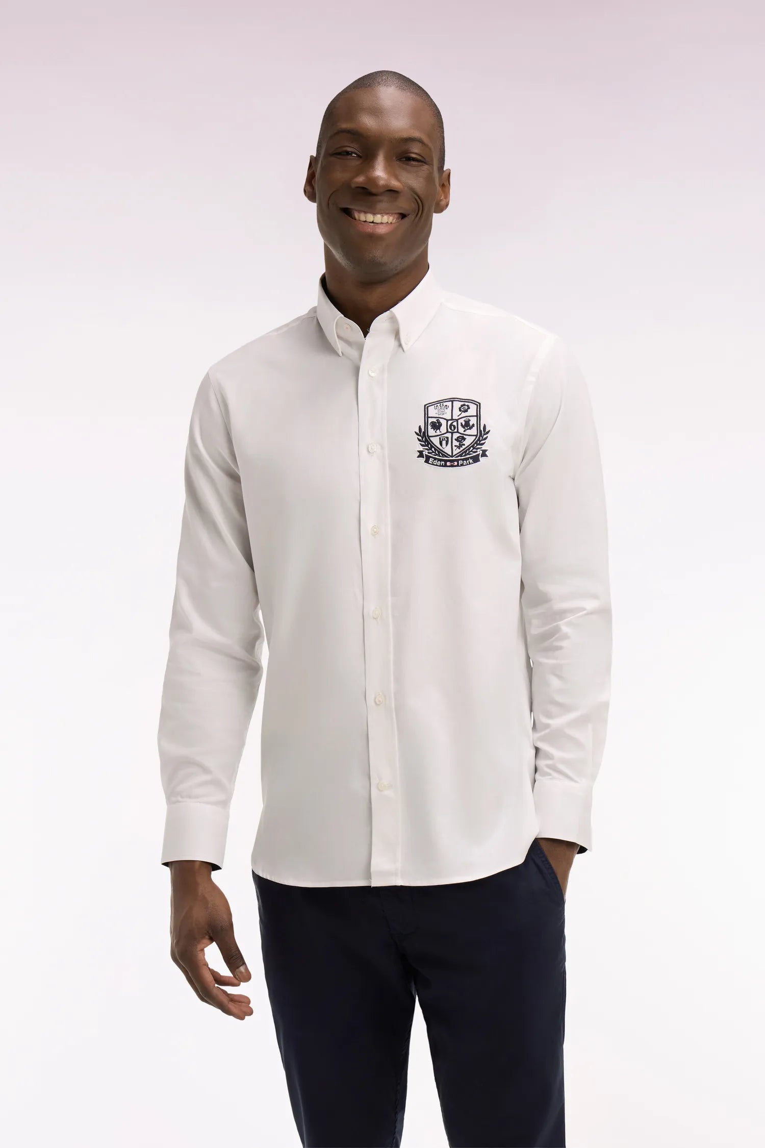 Eden Park White Men White Pinpoint Cotton Shirt with 6 Nations Coat of Arms Embroidery SKU: E26CHECL0019_BC Image 01