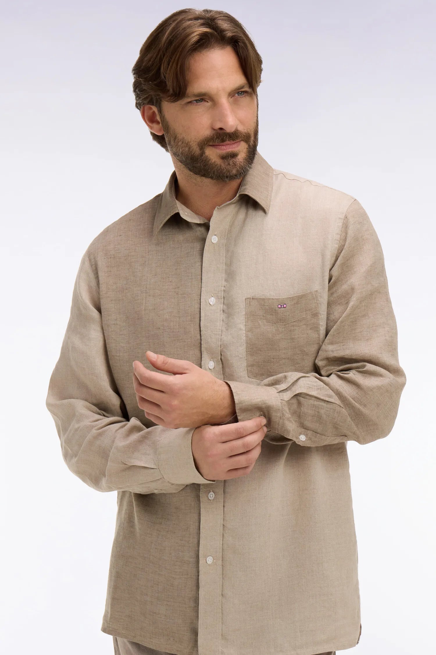 Eden Park Beige Men Regular Fit Beige Two-Tone Linen Shirt SKU: E26CHECL0030_BEM30 Image 03