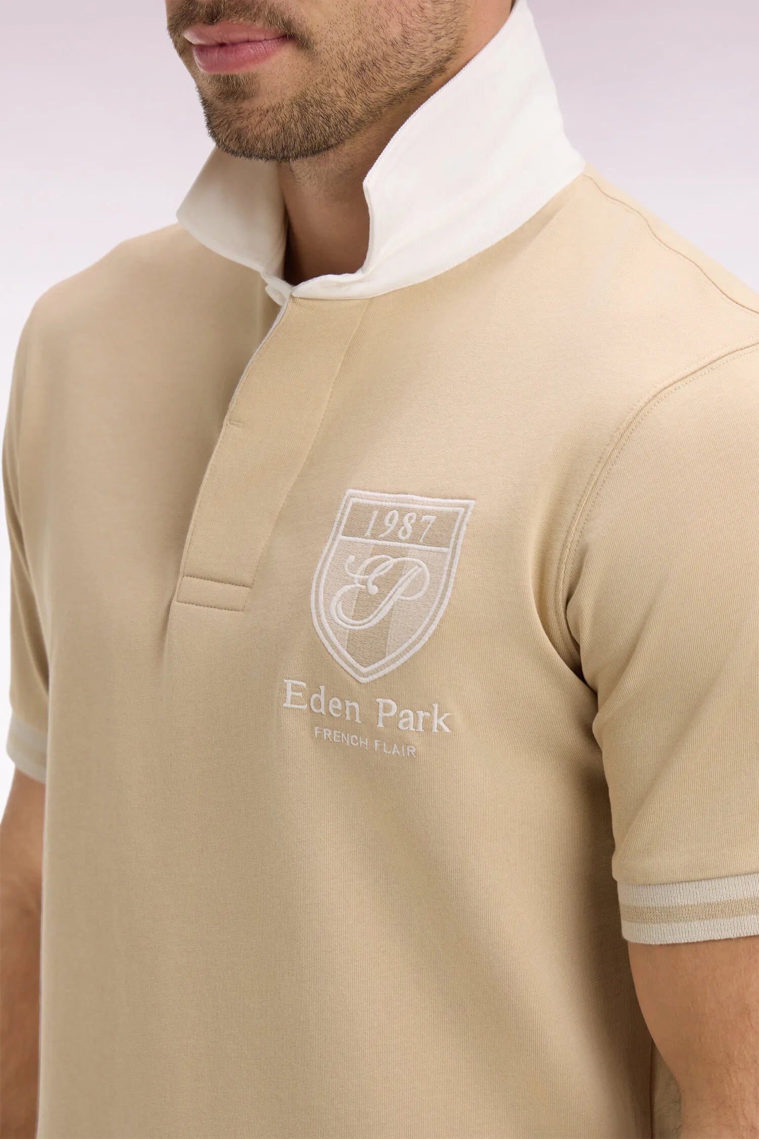 Eden Park 0 Men Short-Sleeved Beige Cotton Jersey Jersey with Embroidered Crest SKU: E26MAIMC0002_BEC21 Image 03