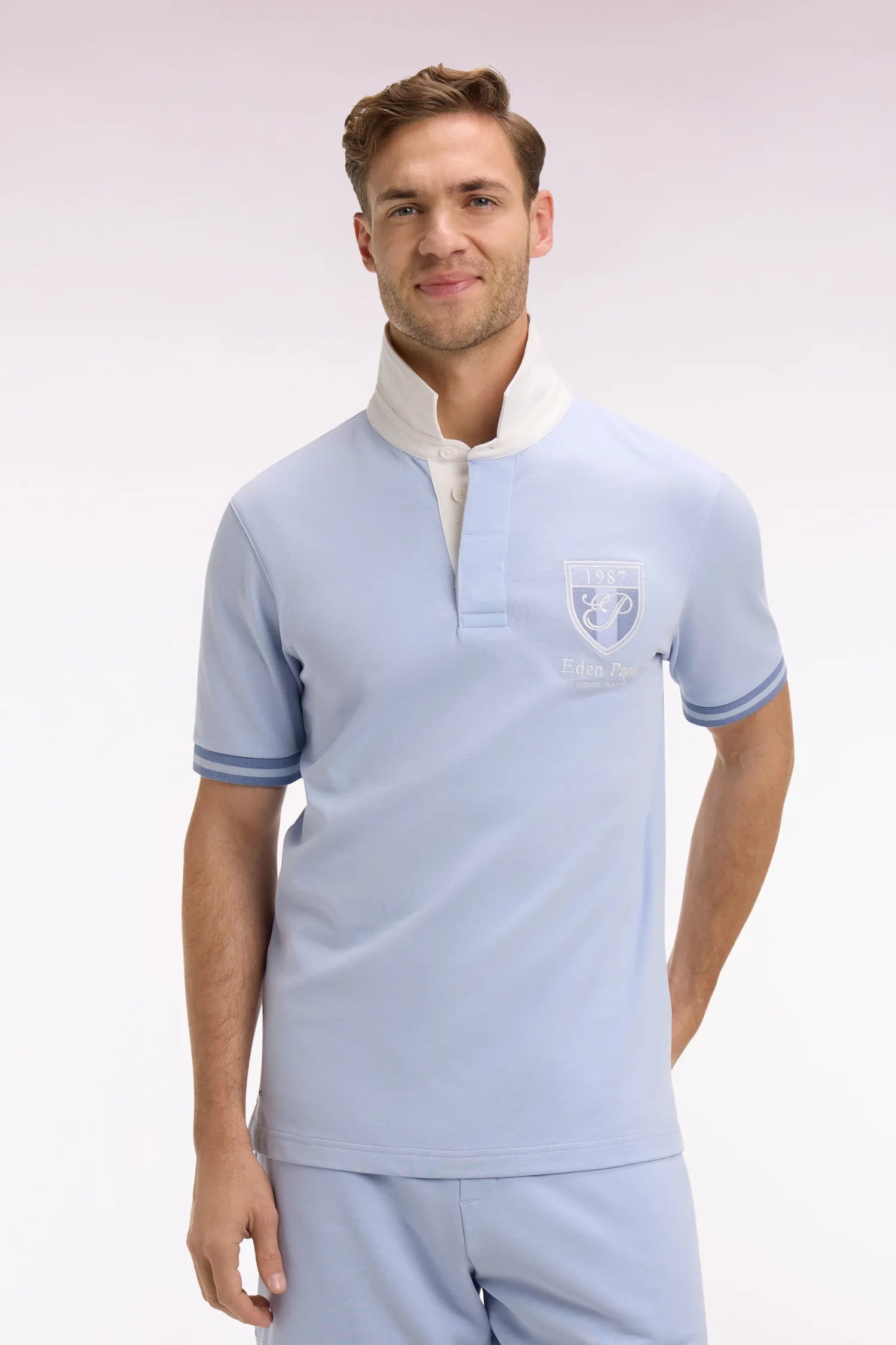 Eden Park 0 Men Short-Sleeved Sky Blue Cotton Jersey Jersey with Embroidered Crest SKU: E26MAIMC0002_BLC6 Image 01