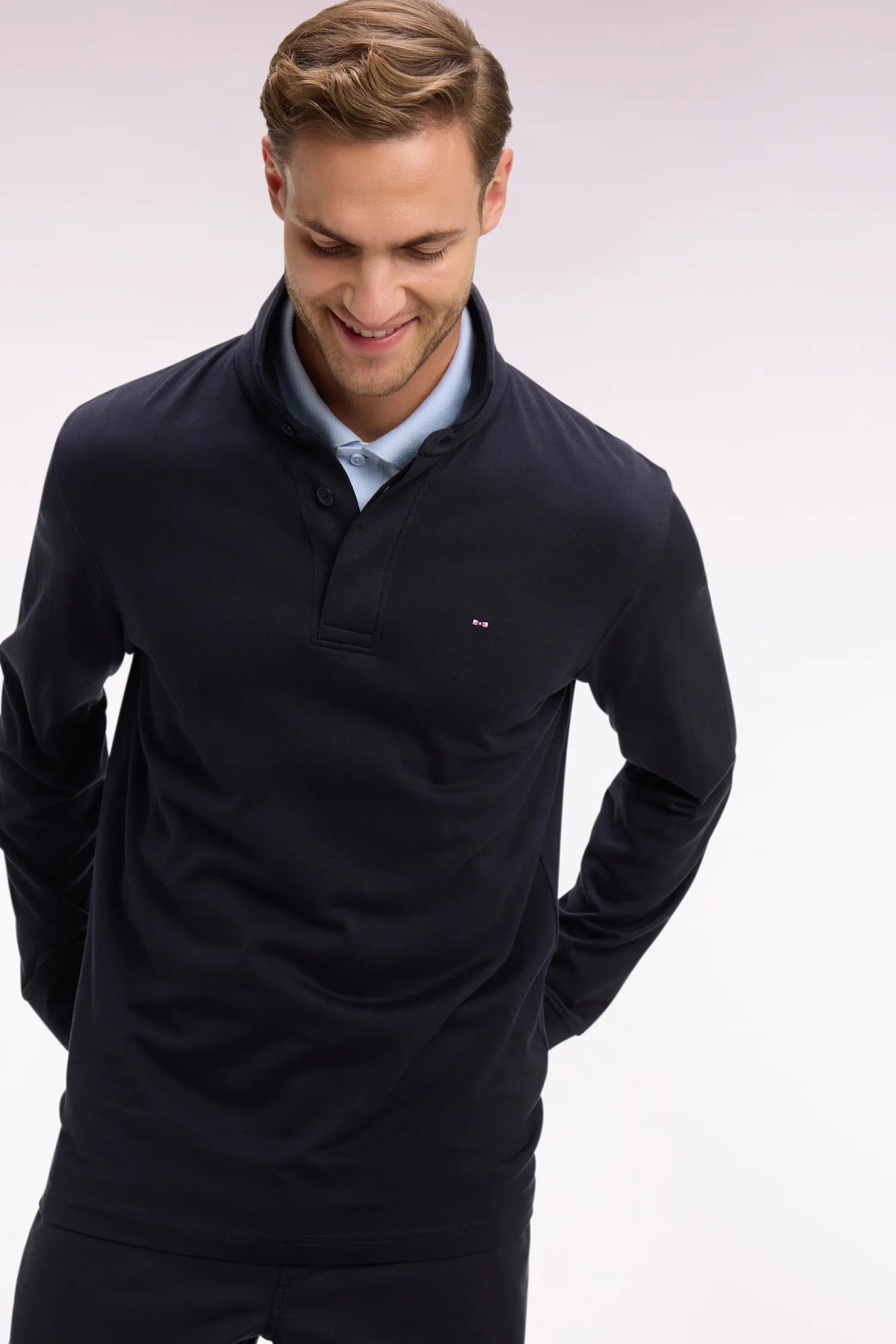 Eden Park Navy Blue Men Short-Sleeved Polo Shirt in Navy Stretch Cotton Pique Slim Fit SKU: E26MAIPC0001_BLF Image 03