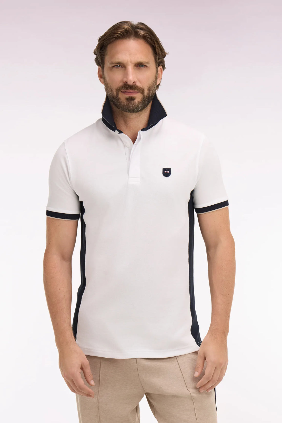 Eden Park White Men Slim Cut Short-Sleeved Polo Shirt in White Cotton and Navy Cutouts SKU: E26MAIPC0012_BC Image 01