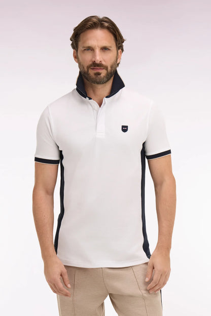 Eden Park White Men Slim Cut Short-Sleeved Polo Shirt in White Cotton and Navy Cutouts SKU: E26MAIPC0012_BC Image 01