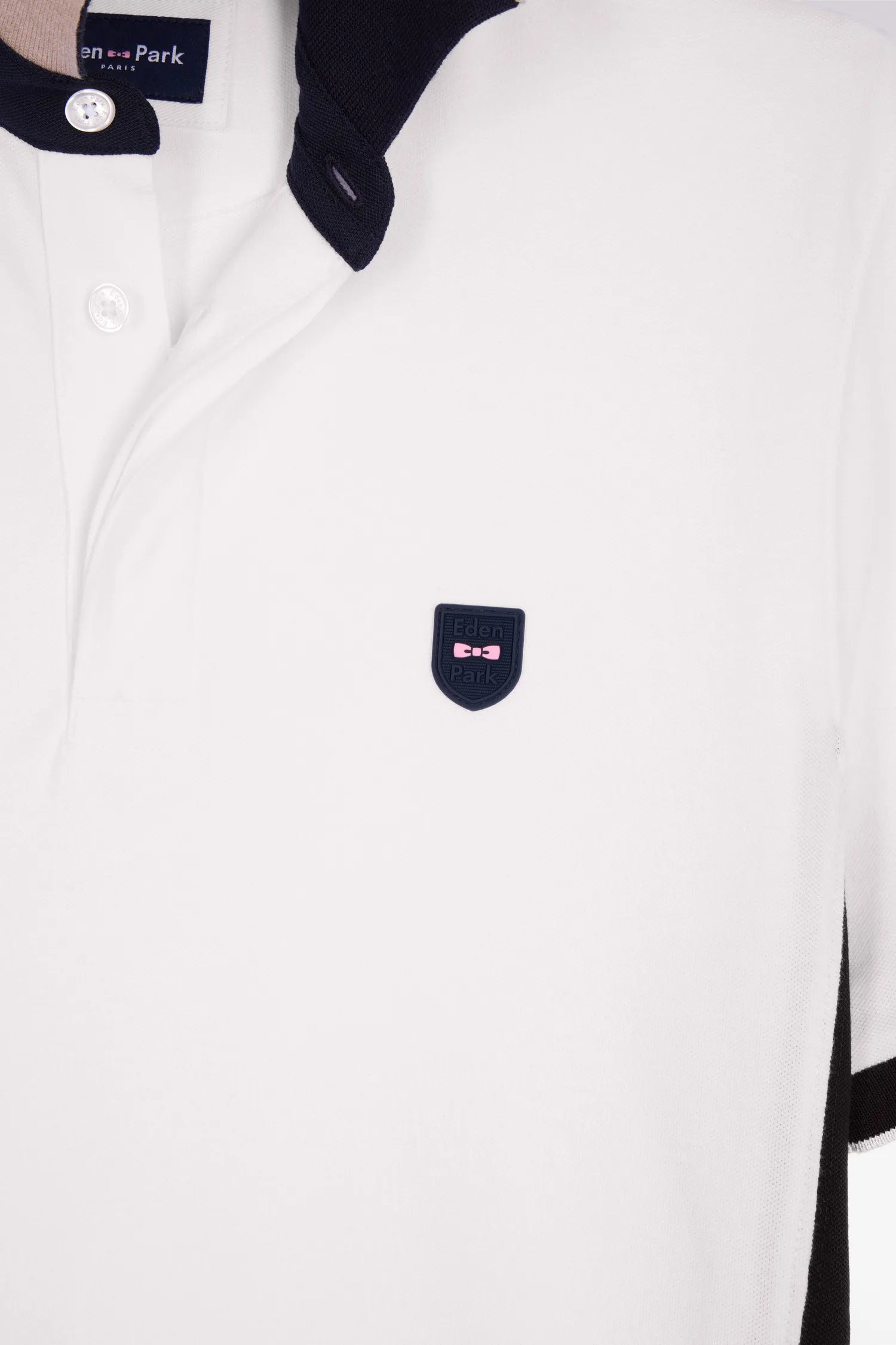 Eden Park White Men Slim Cut Short-Sleeved Polo Shirt in White Cotton and Navy Cutouts SKU: E26MAIPC0012_BC Image 06