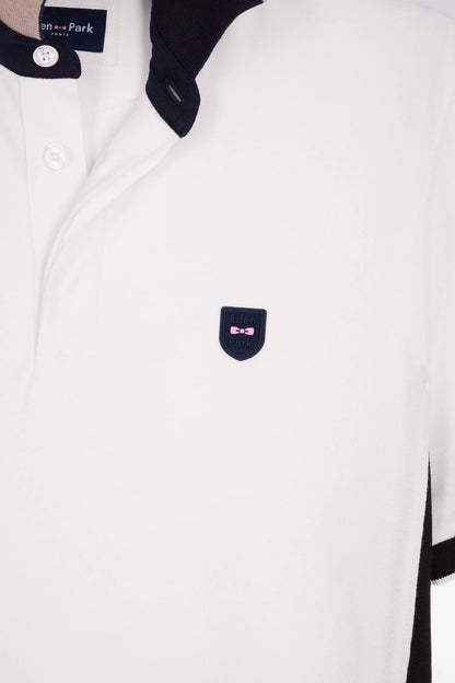 Eden Park White Men Slim Cut Short-Sleeved Polo Shirt in White Cotton and Navy Cutouts SKU: E26MAIPC0012_BC Image 06
