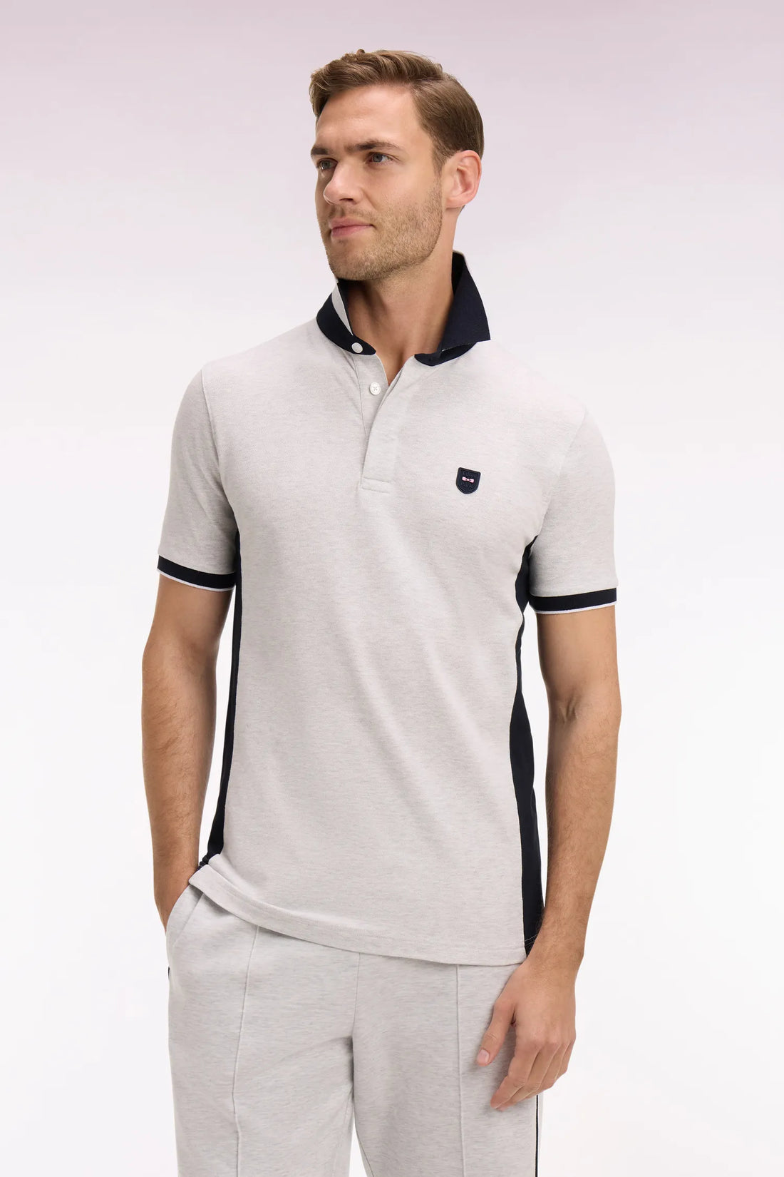 Eden Park Light Gray Men Slim Cut Short-Sleeved Polo Shirt in Light Gray Cotton and Navy Cutouts SKU: E26MAIPC0012_GRC7 Image 01