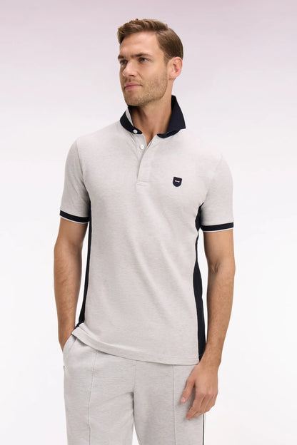 Eden Park Light Gray Men Slim Cut Short-Sleeved Polo Shirt in Light Gray Cotton and Navy Cutouts SKU: E26MAIPC0012_GRC7 Image 01