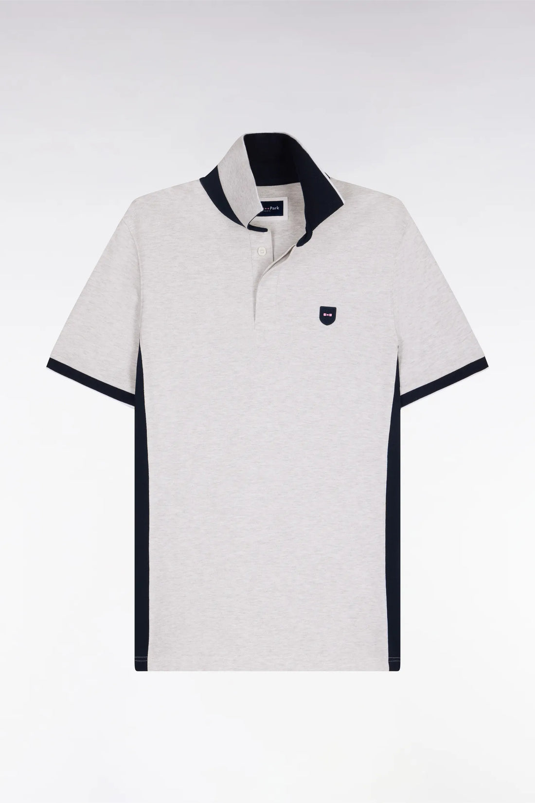 Eden Park Light Gray Men Slim Cut Short-Sleeved Polo Shirt in Light Gray Cotton and Navy Cutouts SKU: E26MAIPC0012_GRC7 Image 02