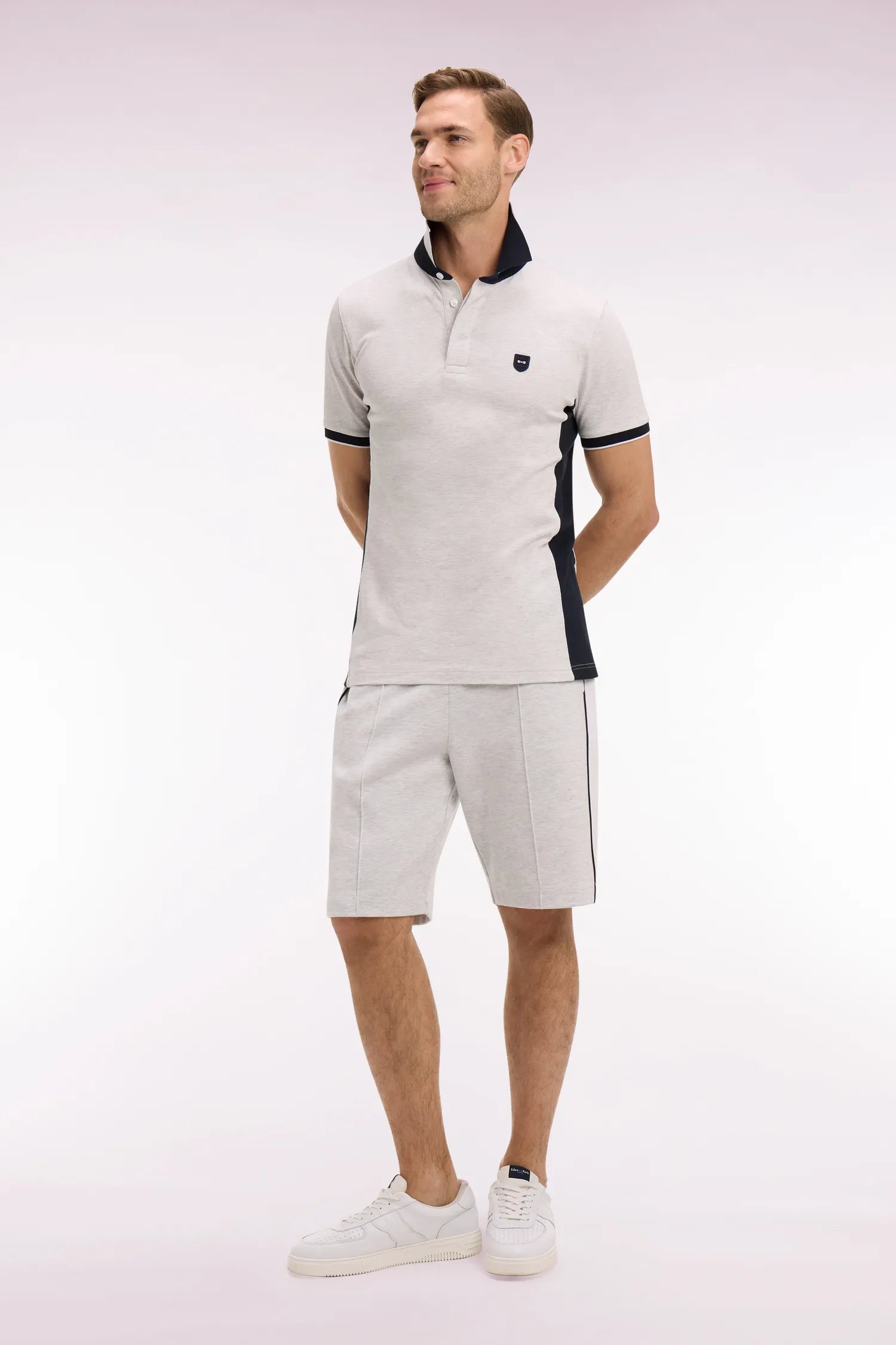 Eden Park Light Gray Men Slim Cut Short-Sleeved Polo Shirt in Light Gray Cotton and Navy Cutouts SKU: E26MAIPC0012_GRC7 Image 03