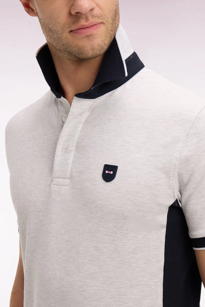 Eden Park Light Gray Men Slim Cut Short-Sleeved Polo Shirt in Light Gray Cotton and Navy Cutouts SKU: E26MAIPC0012_GRC7 Image 04