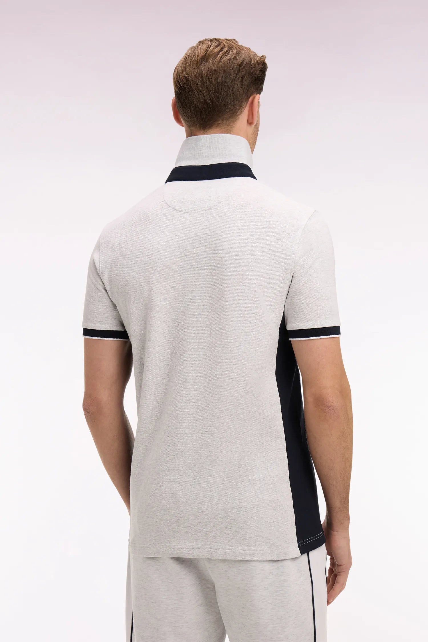 Eden Park Light Gray Men Slim Cut Short-Sleeved Polo Shirt in Light Gray Cotton and Navy Cutouts SKU: E26MAIPC0012_GRC7 Image 05