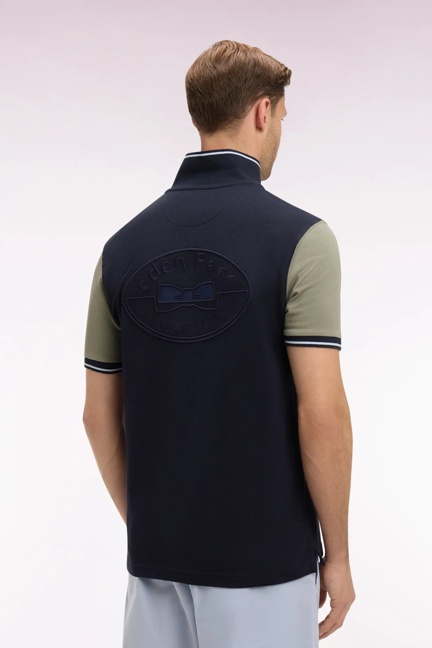 Eden Park Khaki Men Short-Sleeved Polo Shirt in Navy and Khaki Cotton SKU: E26MAIPC0014_BEF3 Image 05