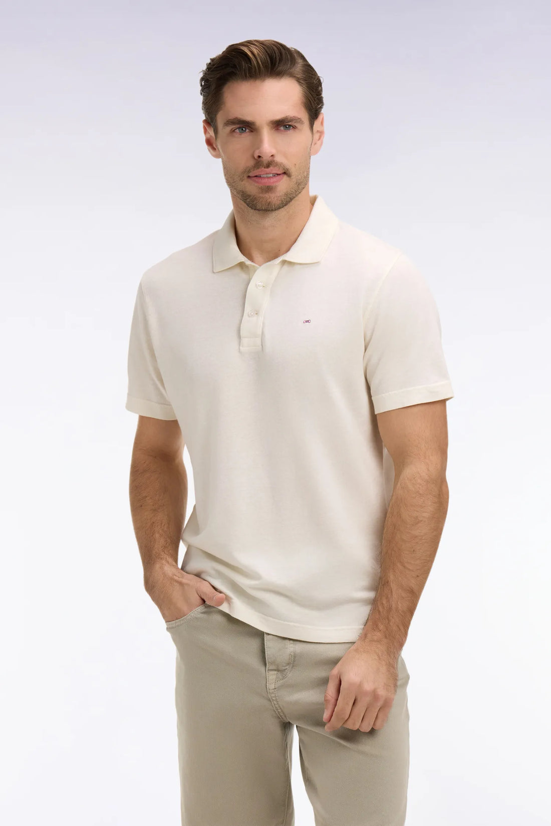 Eden Park Ivory Men Ivory Oxford Short-Sleeved Regular Fit Polo Shirt SKU: E26MAIPC0031_ECC4 Image 01