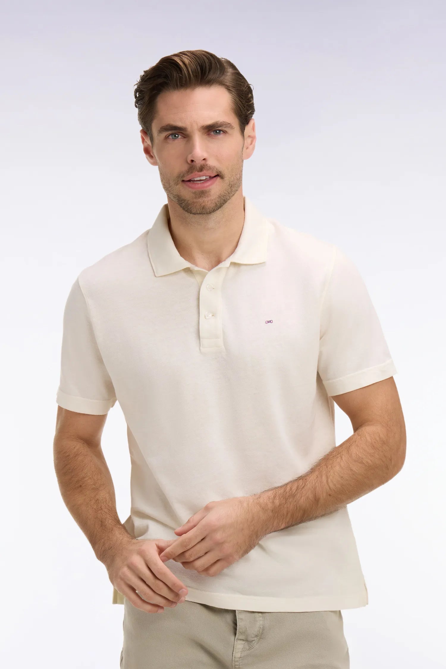 Eden Park Ivory Men Ivory Oxford Short-Sleeved Regular Fit Polo Shirt SKU: E26MAIPC0031_ECC4 Image 03