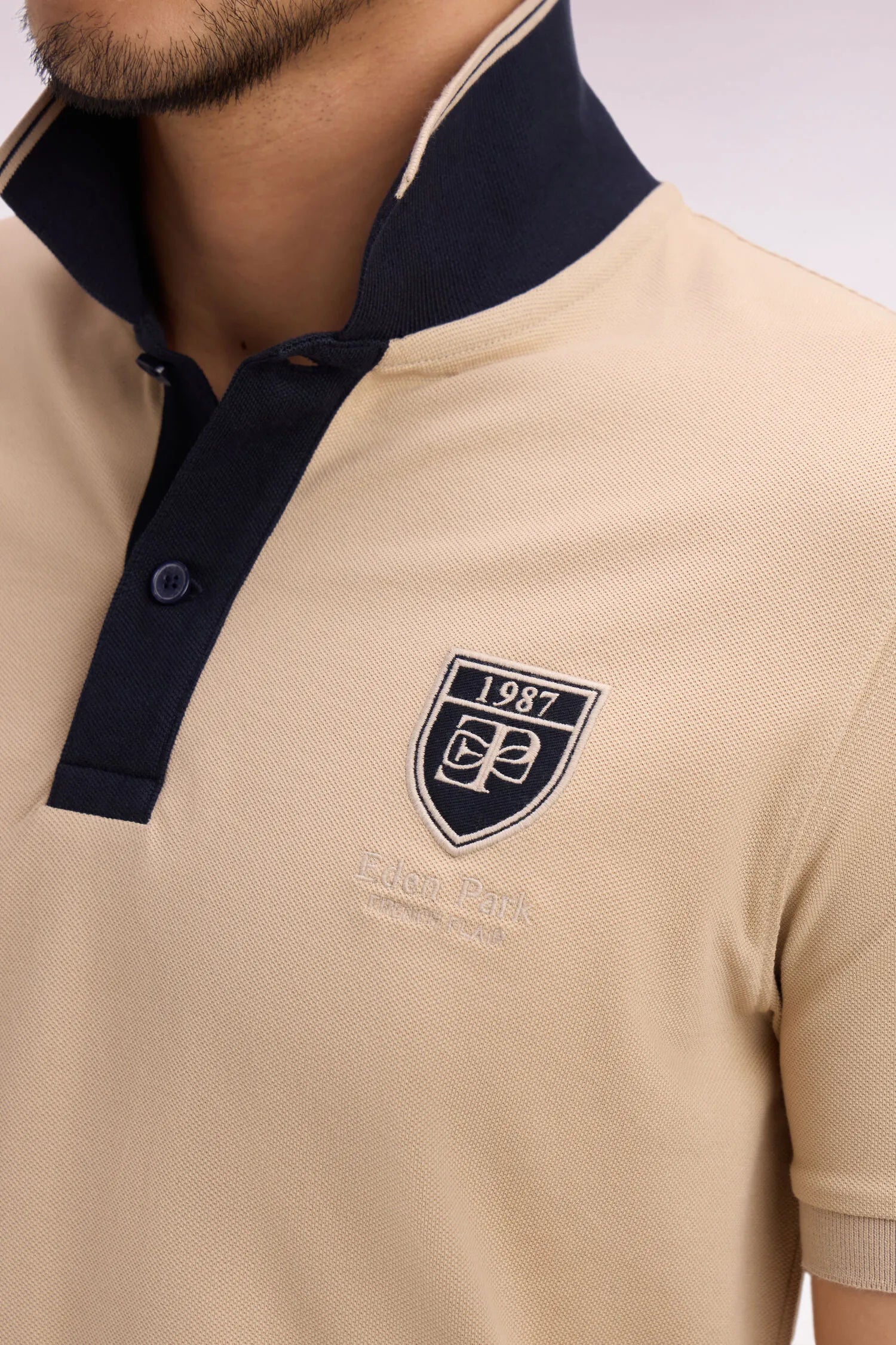 Eden Park 0 Men Short-Sleeved Polo Shirt in Beige Cotton PiquŽ with Ep Logo SKU: E26MAIPC0040_BEC21 Image 03