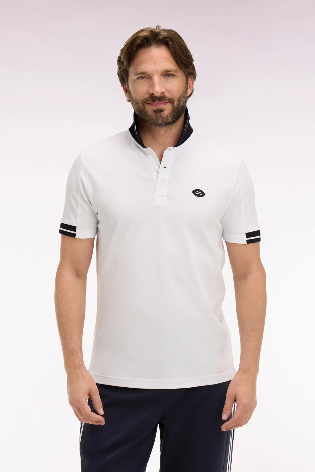 Eden Park White Men Short-Sleeved Polo Shirt in White Cotton Pique with Navy Details SKU: E26MAIPC0045_BC Image 01