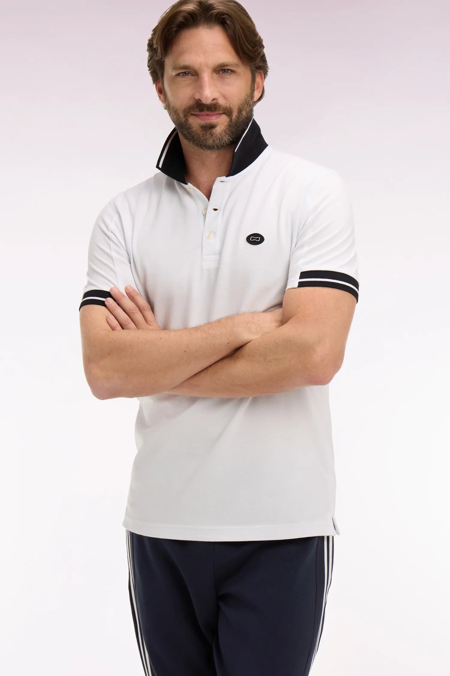 Eden Park White Men Short-Sleeved Polo Shirt in White Cotton Pique with Navy Details SKU: E26MAIPC0045_BC Image 03