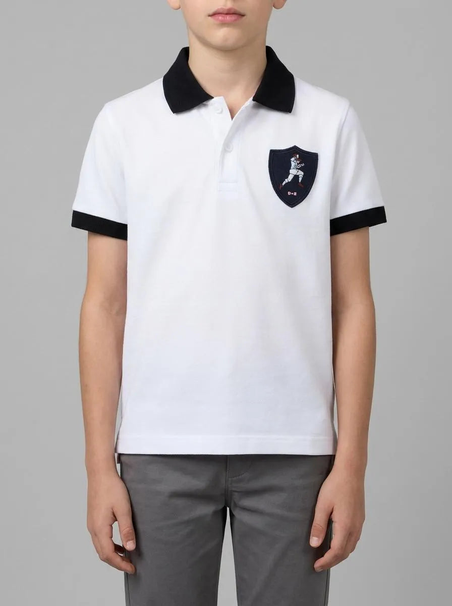 Eden Park 0 Boys Short-Sleeved Polo Shirt in White Cotton Jersey with Rugby Crest SKU: E26MAIPC0048_BC Image 00