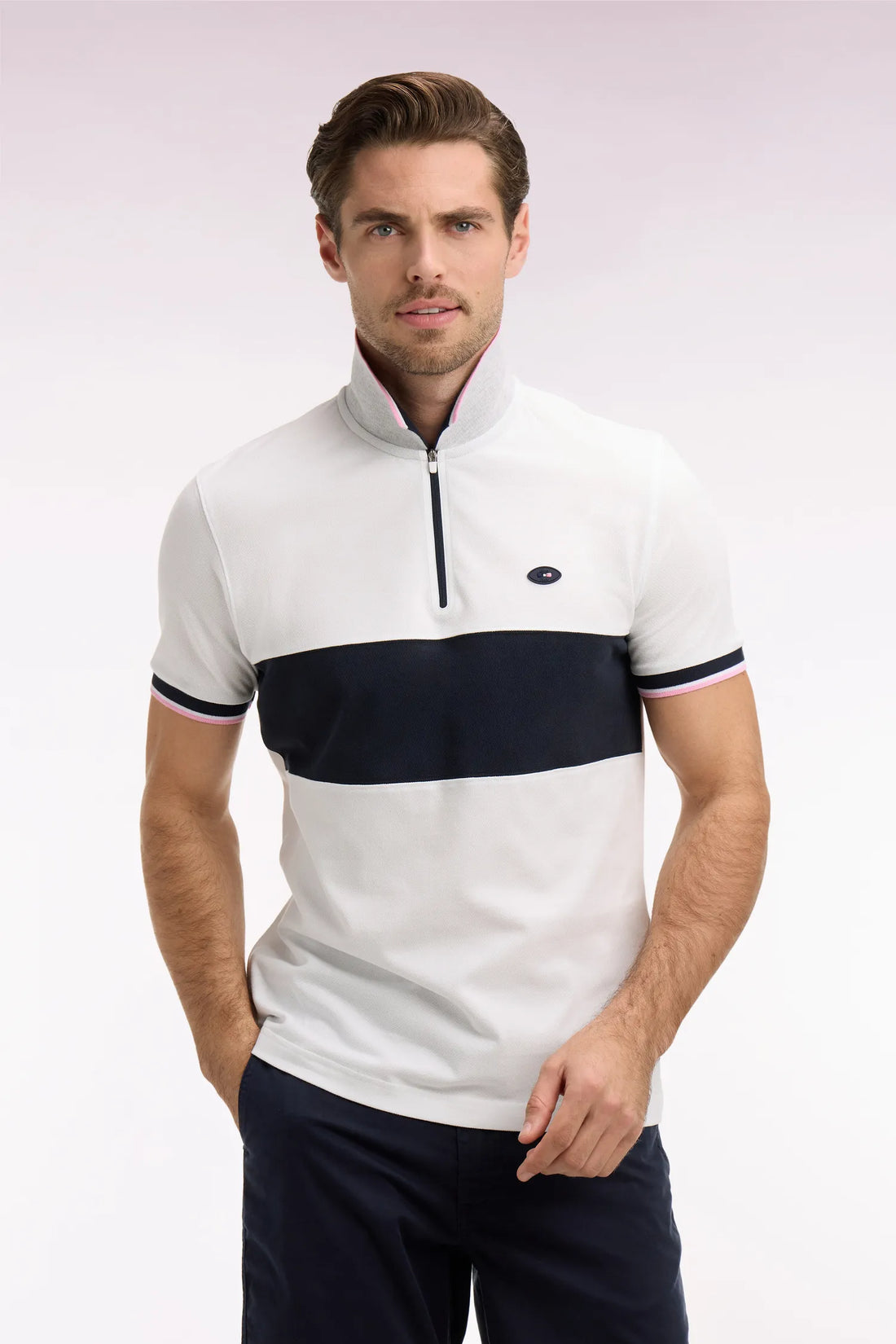 Eden Park 0 Men Short-Sleeved French National Rugby Team Polo Shirt in White Cotton PiquŽ with Navy Blue Trim SKU: E26MAIPC0054_BC Image 01