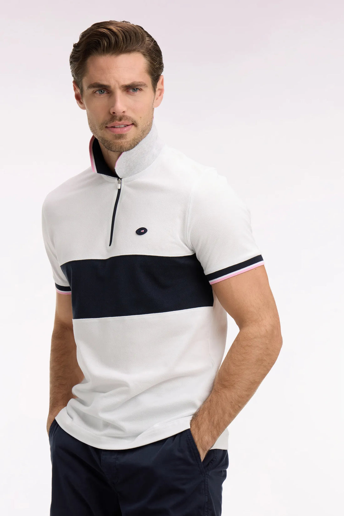 Eden Park 0 Men Short-Sleeved French National Rugby Team Polo Shirt in White Cotton PiquŽ with Navy Blue Trim SKU: E26MAIPC0054_BC Image 02