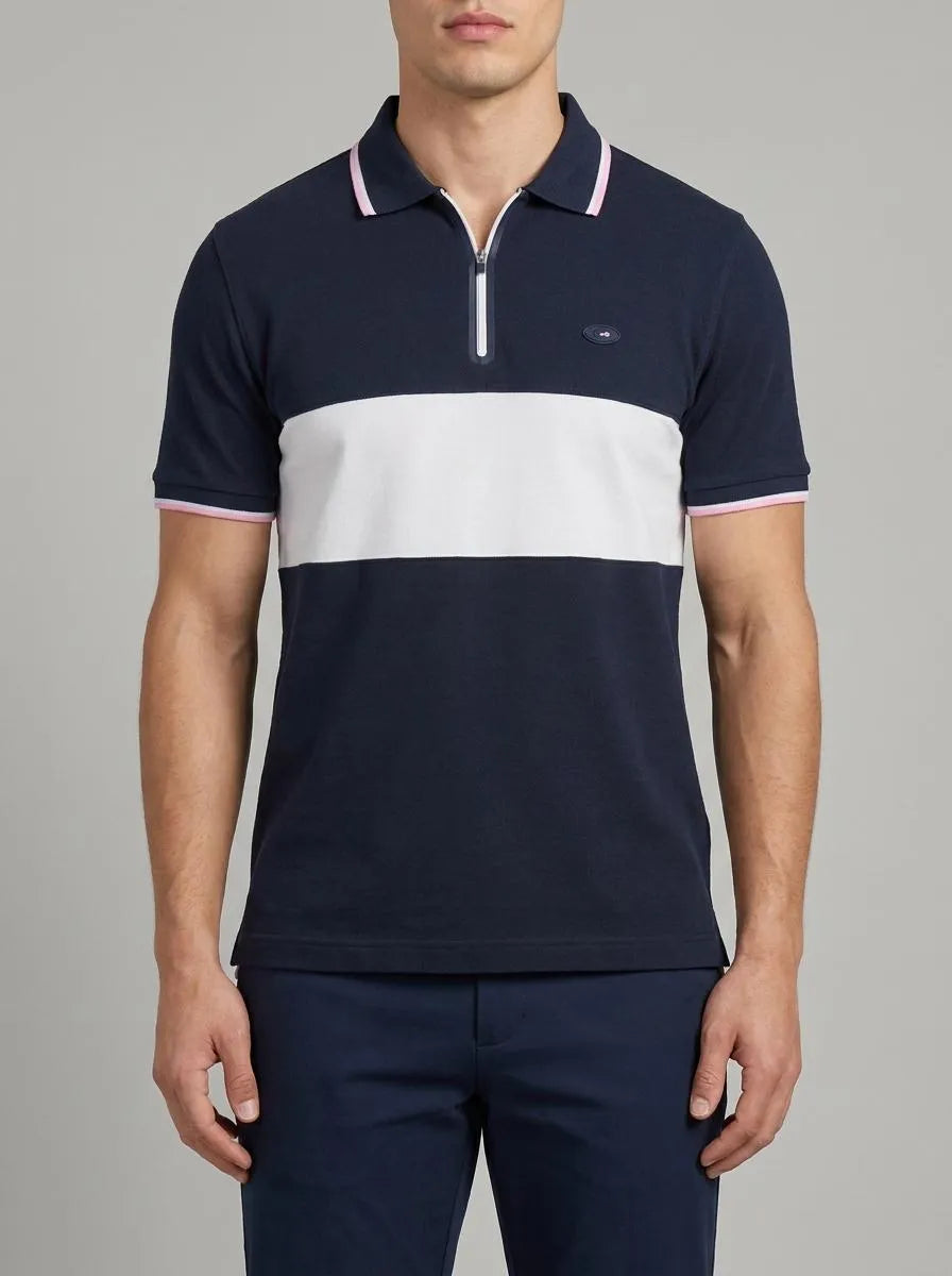 Eden Park 0 Men Short-Sleeved France XV Polo Shirt in Navy Cotton PiquŽ with White Cutouts SKU: E26MAIPC0054_BLF Image 00