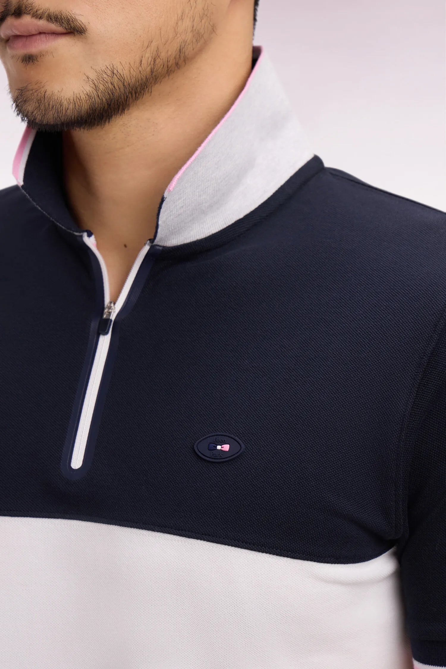 Eden Park 0 Men Short-Sleeved France XV Polo Shirt in Navy Cotton PiquŽ with White Cutouts SKU: E26MAIPC0054_BLF Image 03