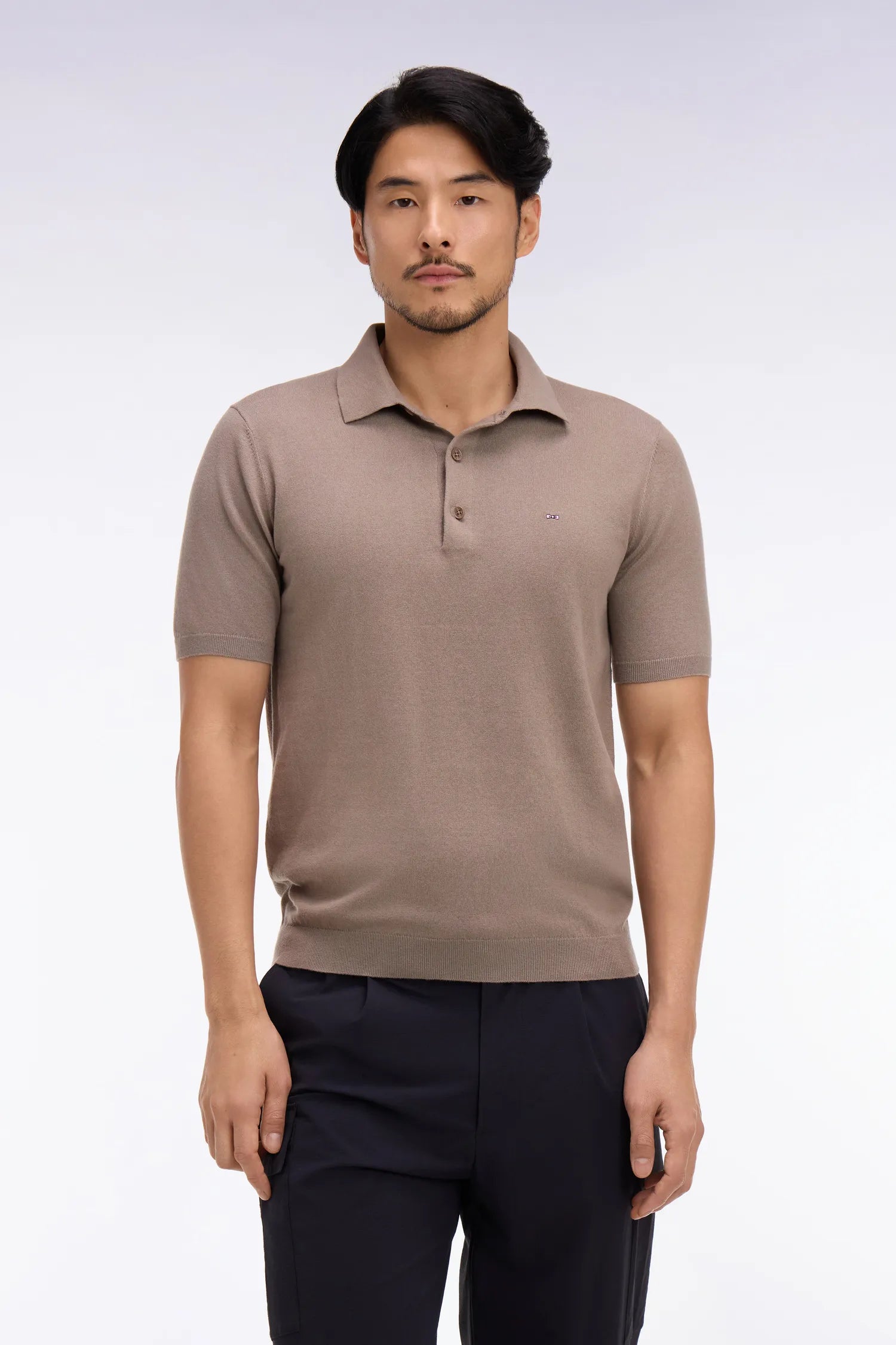 Eden Park 0 Men Beige Short-Sleeved Polo-Neck Sweater in A Cotton and Silk Blend SKU: E26MAIPU0004_BEM Image 01