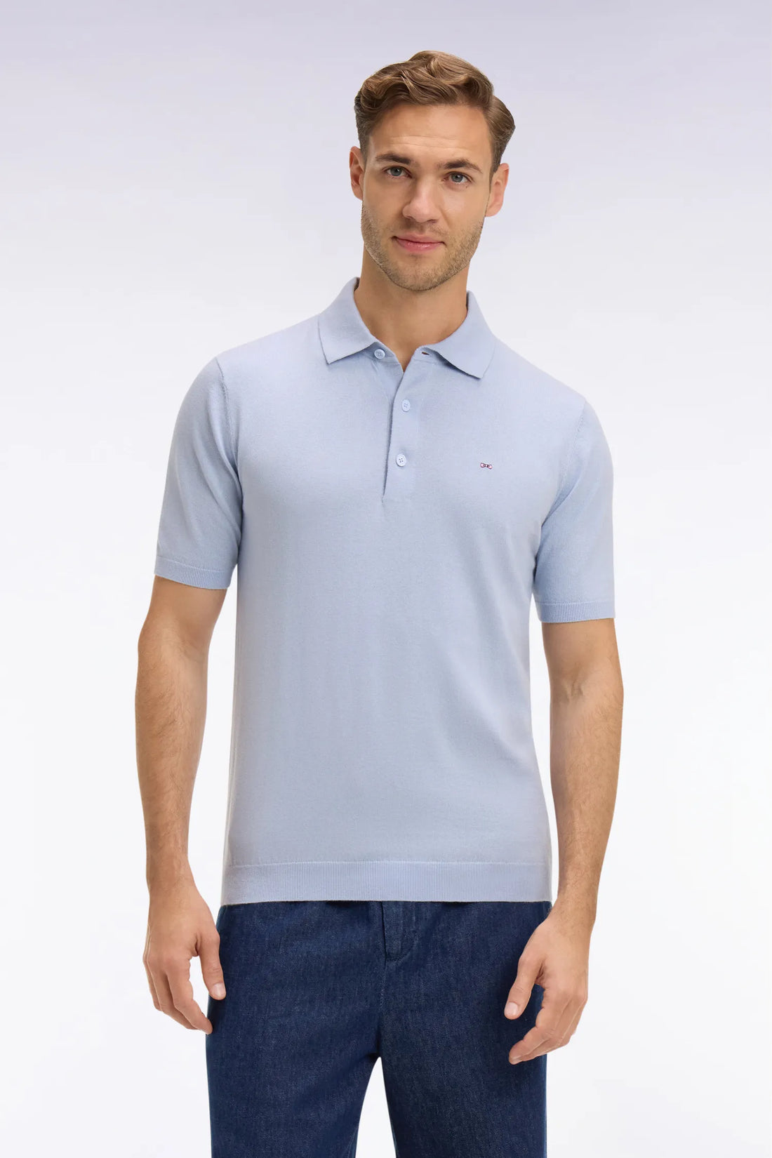 Eden Park 0 Men Sky Blue Short-Sleeved Polo-Neck Sweater in Cotton and Silk Blend SKU: E26MAIPU0004_BLC6 Image 01