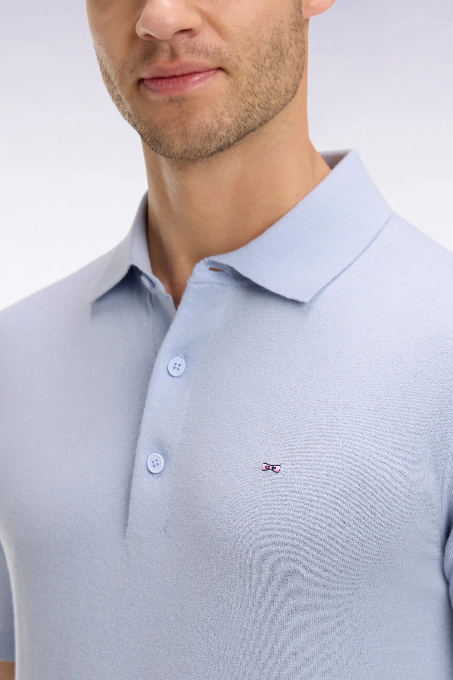 Eden Park 0 Men Sky Blue Short-Sleeved Polo-Neck Sweater in Cotton and Silk Blend SKU: E26MAIPU0004_BLC6 Image 03
