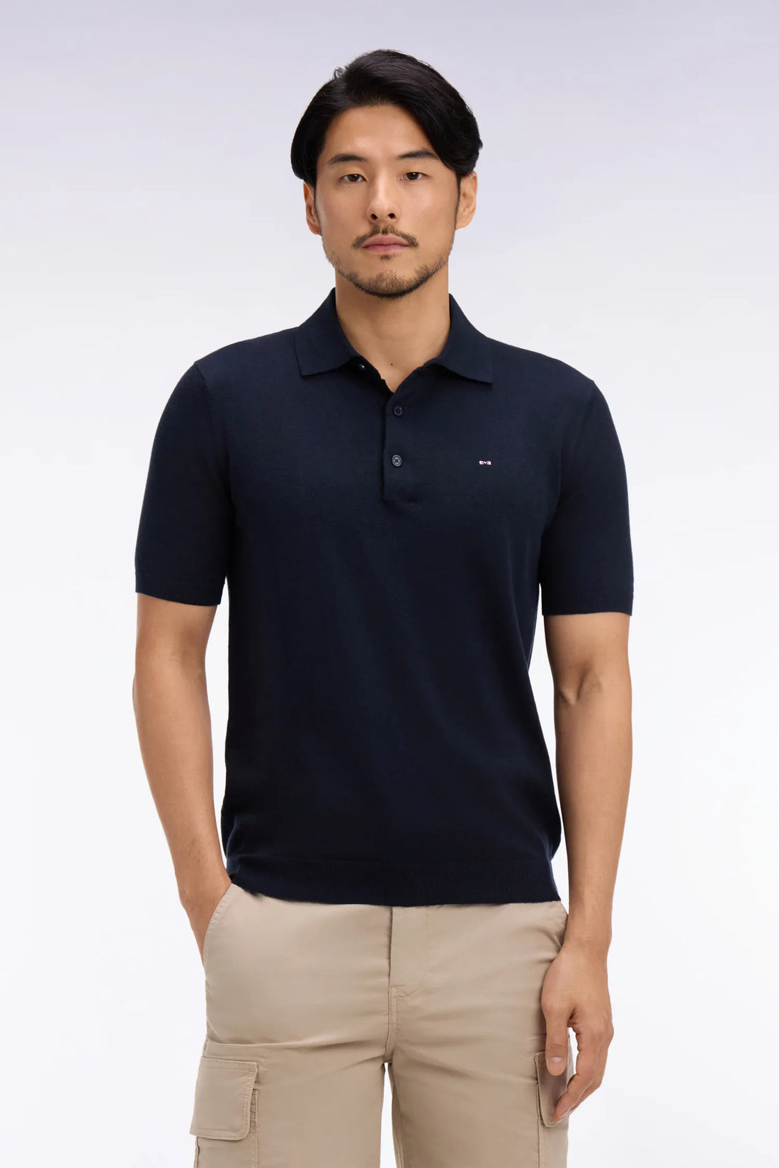 Eden Park 0 Men Navy Blue Short-Sleeved Polo Collar Sweater in Cotton and Silk Blend SKU: E26MAIPU0004_BLF Image 01