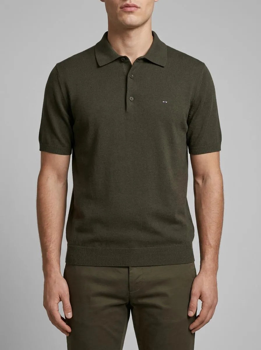 Eden Park 0 Men Khaki Short-Sleeved Polo-Neck Sweater in A Cotton and Silk Blend SKU: E26MAIPU0004_KAF3 Image 00