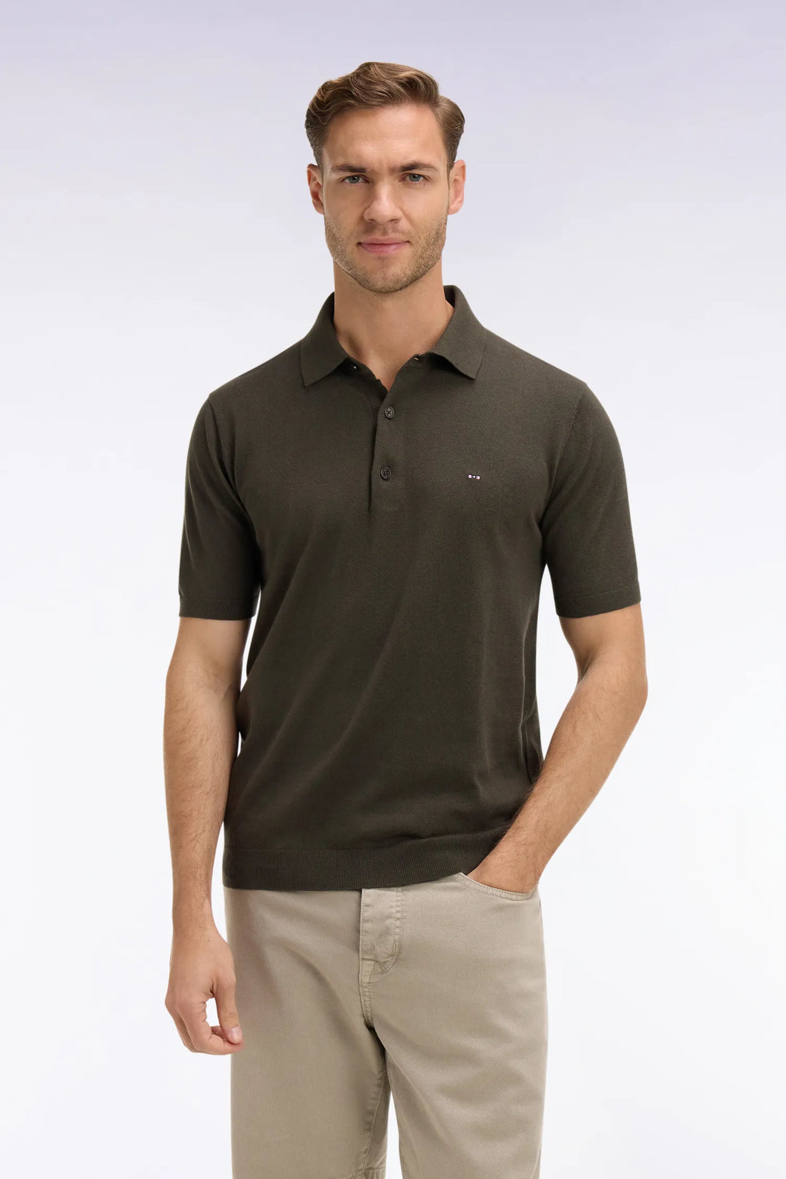 Eden Park 0 Men Khaki Short-Sleeved Polo-Neck Sweater in A Cotton and Silk Blend SKU: E26MAIPU0004_KAF3 Image 01