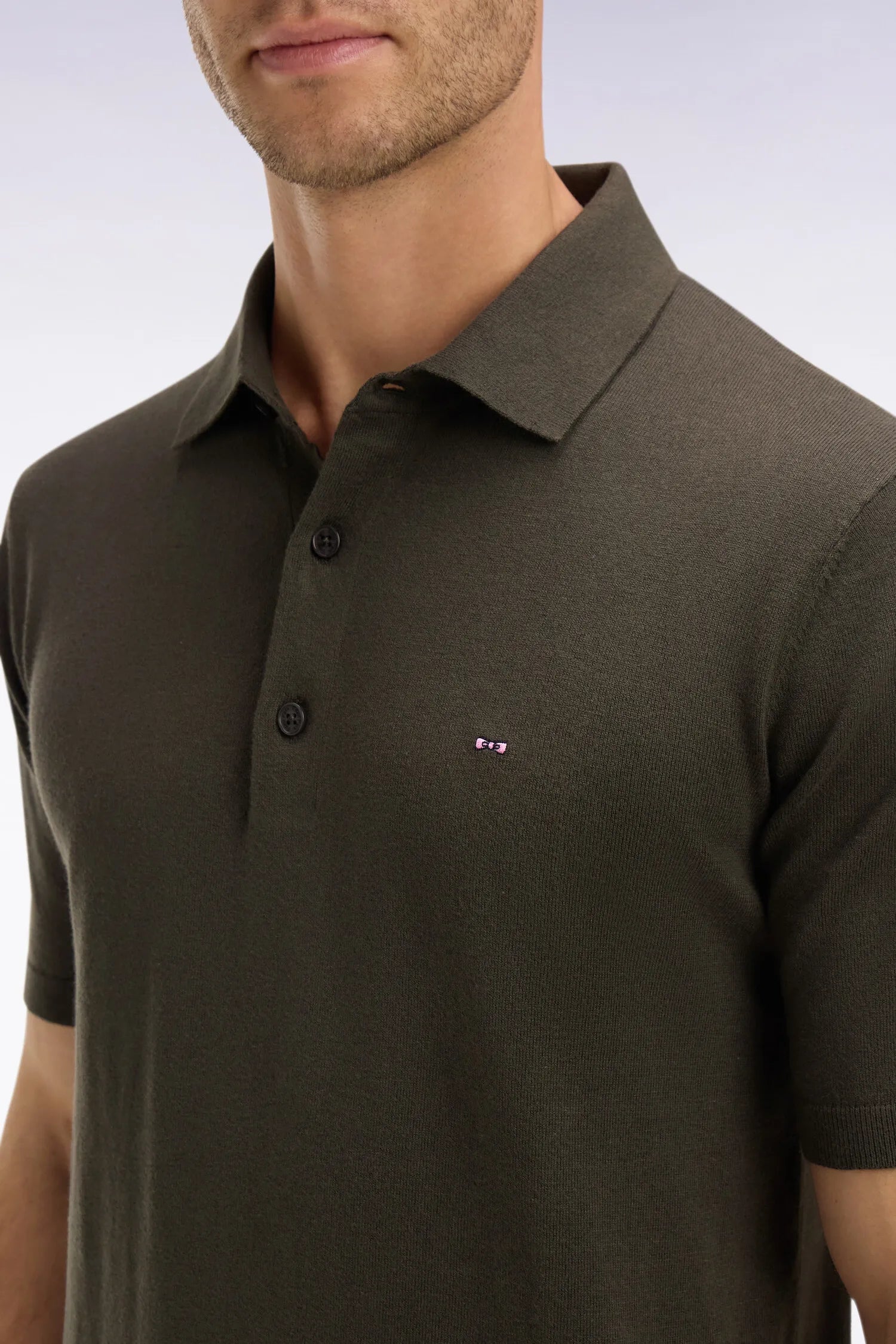 Eden Park 0 Men Khaki Short-Sleeved Polo-Neck Sweater in A Cotton and Silk Blend SKU: E26MAIPU0004_KAF3 Image 03