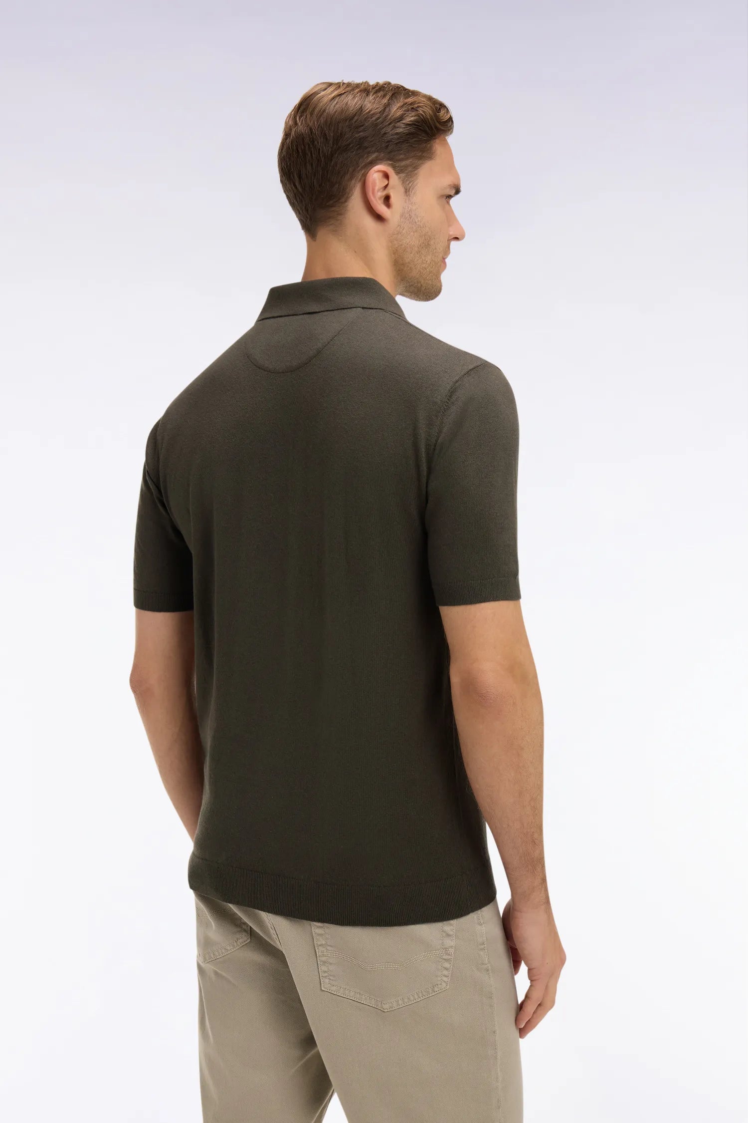 Eden Park 0 Men Khaki Short-Sleeved Polo-Neck Sweater in A Cotton and Silk Blend SKU: E26MAIPU0004_KAF3 Image 04