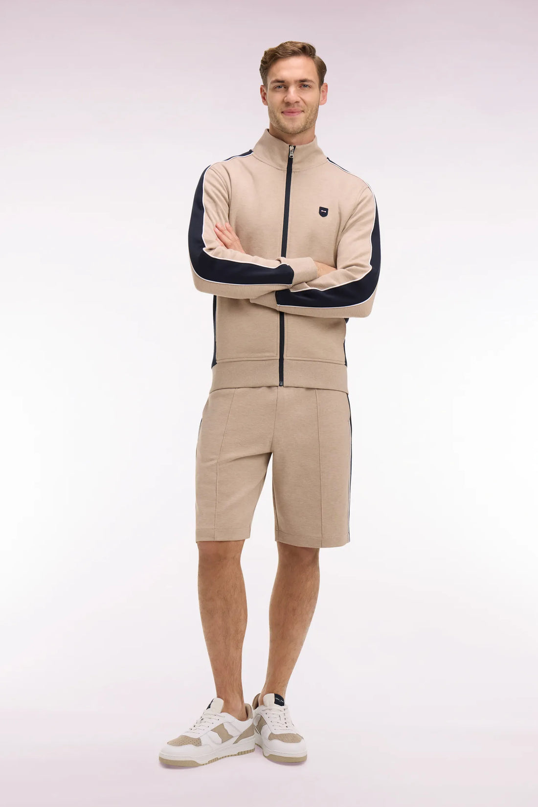 Eden Park Beige Men Beige and Navy Cutout Interlock Shorts SKU: E26MAISH0004_BEC13 Image 01