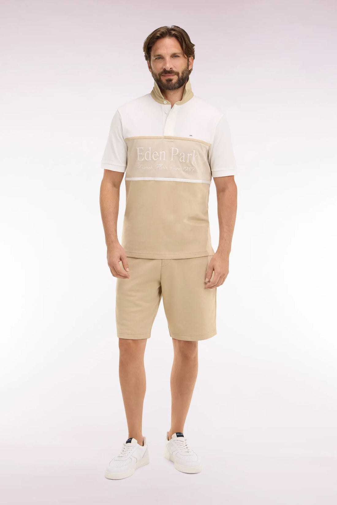 Eden Park Beige Men Beige Cotton Fleece Shorts with Coat of Arms Embroidery SKU: E26MAISH0016_BEC21 Image 01