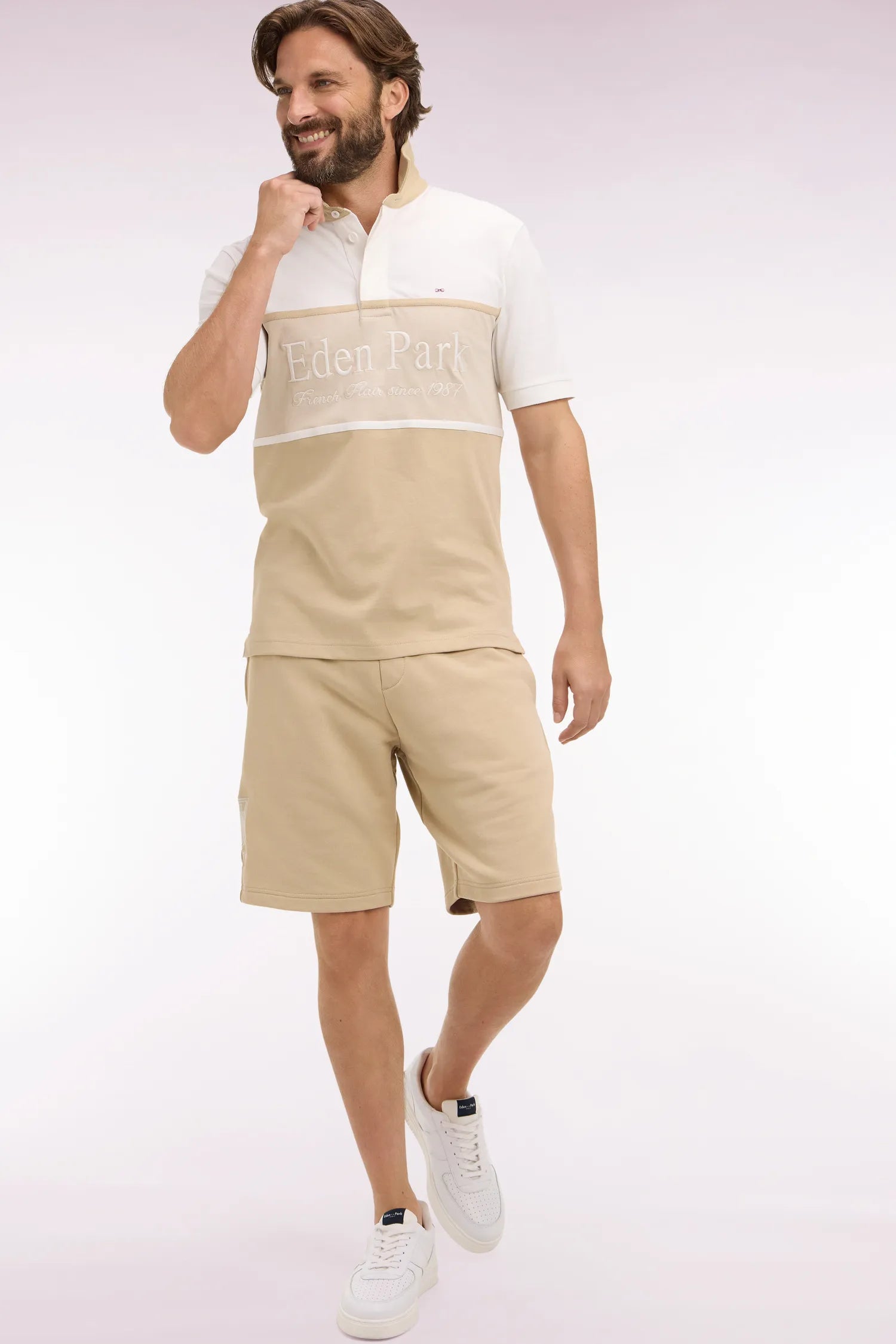 Eden Park Beige Men Beige Cotton Fleece Shorts with Coat of Arms Embroidery SKU: E26MAISH0016_BEC21 Image 03