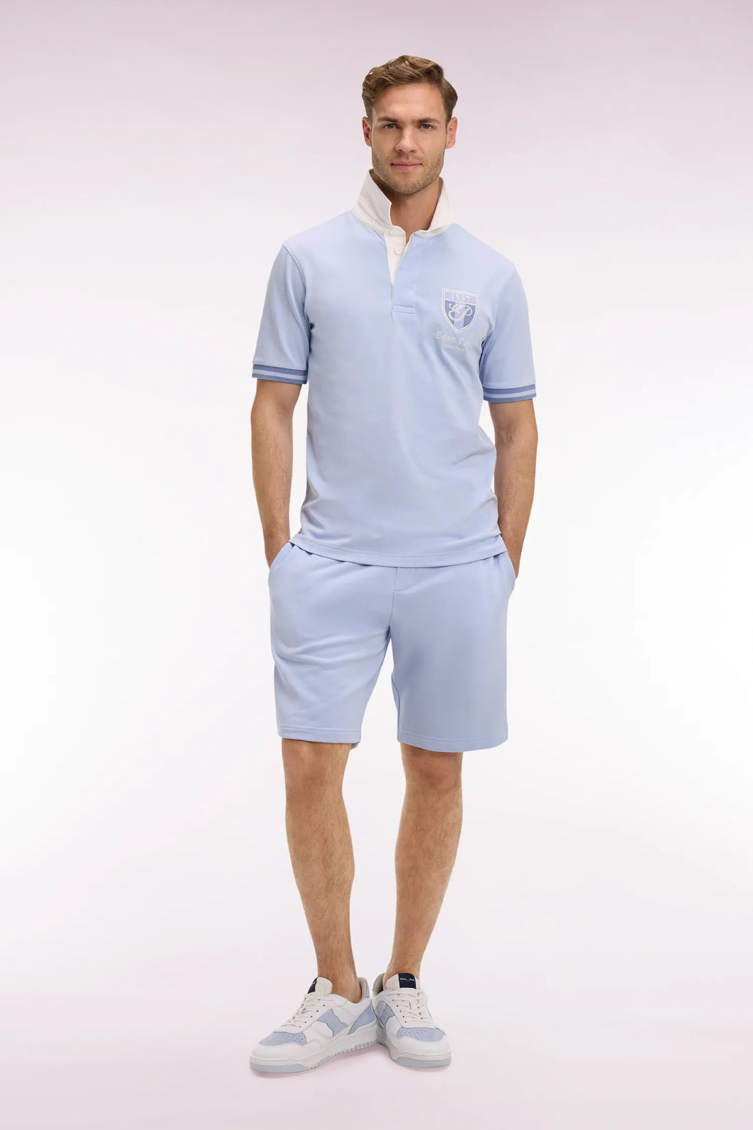 Eden Park Sky Blue Men Sky Blue Cotton Fleece Shorts with Embroidered Crest SKU: E26MAISH0016_BLC6 Image 01