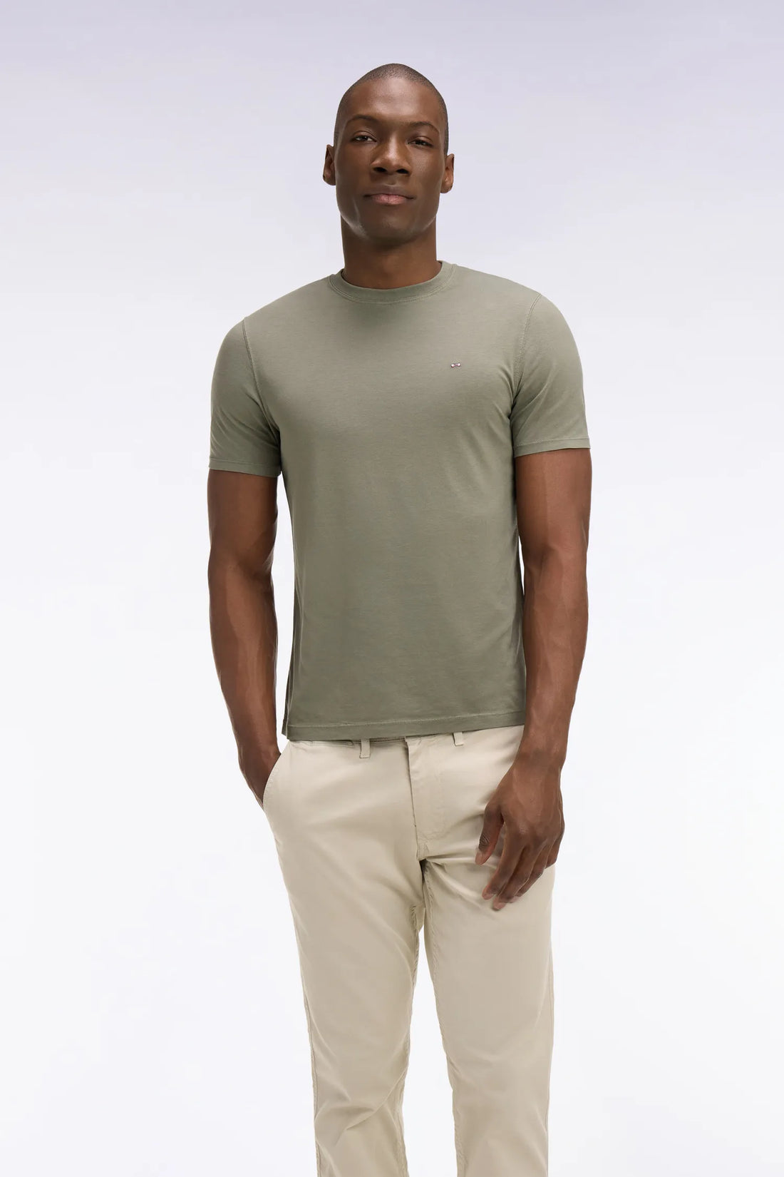 Eden Park Khaki Men Regular Fit Short-Sleeved Khaki Lyocell and Cotton T-Shirt SKU: E26MAITC0009_KAF8 Image 01