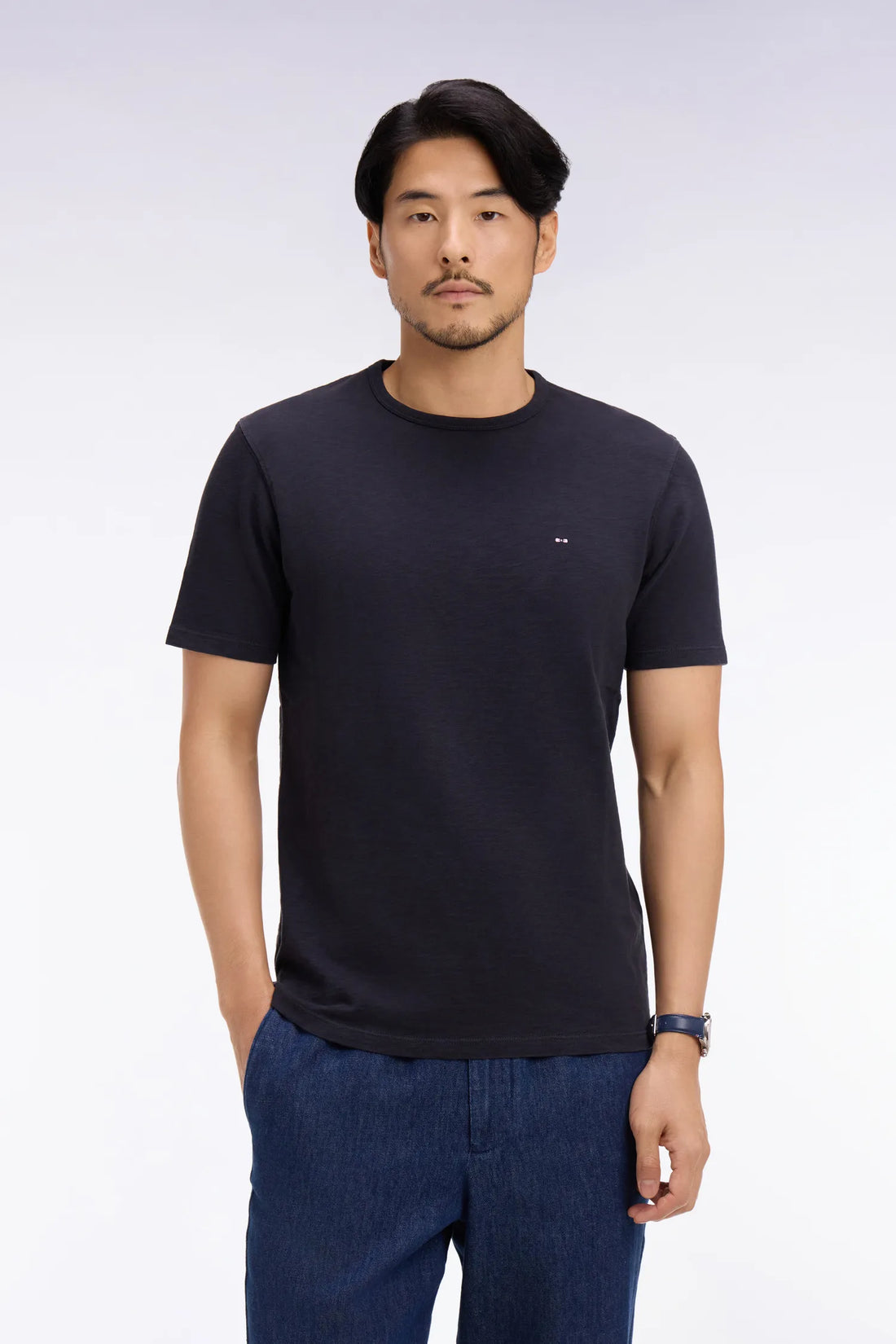 Eden Park 0 Men Short-Sleeved T-Shirt in Navy Slub Cotton Jersey SKU: E26MAITC0010_BLF Image 01